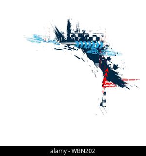 Black grunge square frame with red and blue race elements isolated on white background Stock Vector