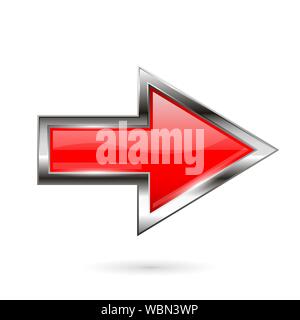 Red arrow. 3d shiny glass icon with chrome frame Stock Vector
