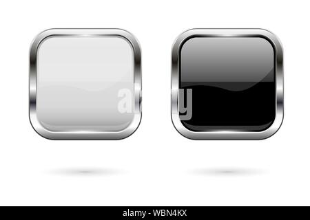 Square glass buttons. Black and white icons with metal frame Stock Vector