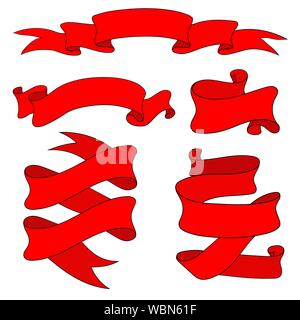 Ribbon and paper scrolls. Red icons set Stock Vector