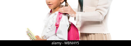 panoramic shot of mother touching shoulders happy daughter isolated on white Stock Photo