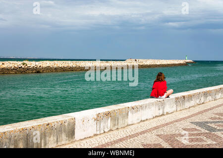 Rear View Of Woman Overlooking Calm Blue Sea