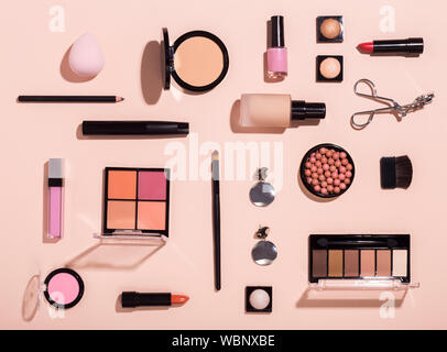 Top view of different makeup products for woman face care Stock Photo