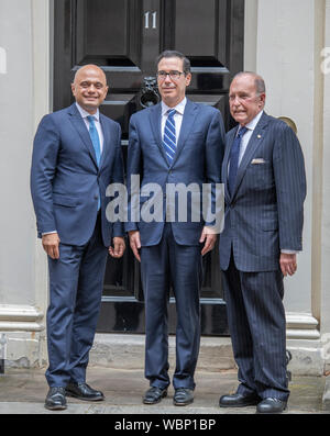 11 Downing Street, London, UK. 27th August 2019. British Chancellor of the Exchequer Sajid Javid meets Steven Mnuchin, United States Secretary of the Treasury, for the first time today. Also in shot (right); U.S. Director of the National Economic Council, Larry Kudlow. Credit: Malcolm Park/Alamy Live News. Stock Photo
