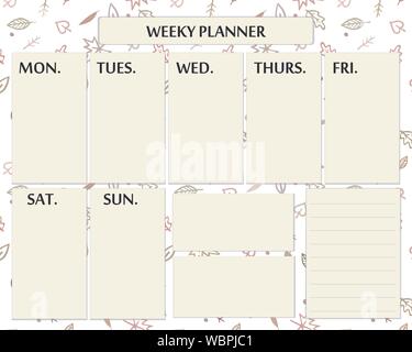 Weekly planner page template design for autumn time. Cute page for everyday plans and notes with doodle autumn leaves Stock Vector