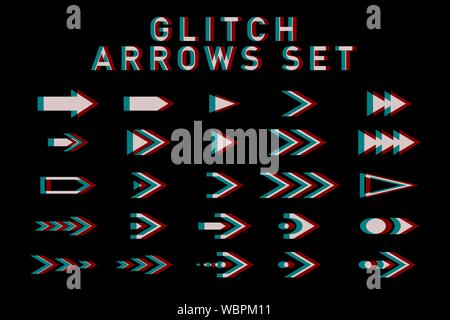 Set of glitch arrows, pointers, direction. Glitch design elements. Tech, science and hacker theme. Vector Eps 10 Stock Vector