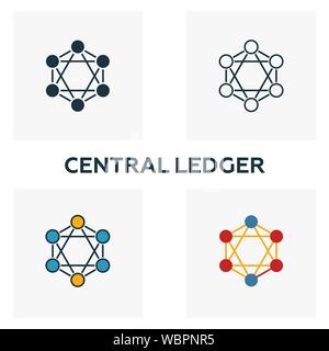 Central Ledger icon set. Four elements in diferent styles from blockchain icons collection. Creative central ledger icons filled, outline, colored and Stock Vector