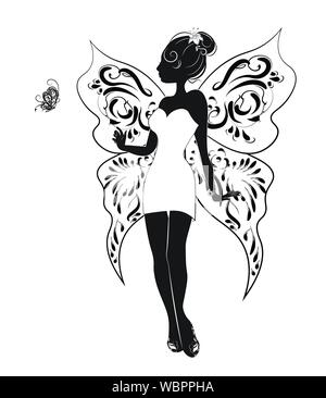 silhouette of the beautiful slender fairy  girl in a white dress, with butterfly Stock Vector