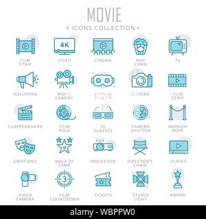 Collection of movie thin line icons Stock Vector