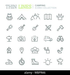 Collection of camping thin line icons Stock Vector