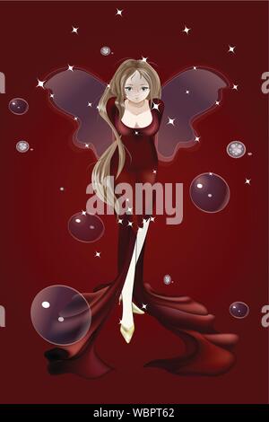 fairy with transparent wings, bubble and star, on red background Stock Vector