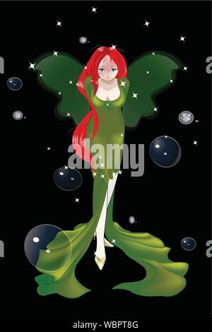 fairy with transparent wings, bubble and star, on green background Stock Vector