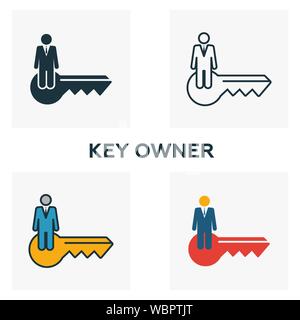 Key Owner icon set. Four elements in diferent styles from blockchain icons collection. Creative key owner icons filled, outline, colored and flat Stock Vector