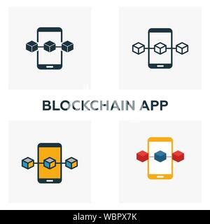 Blockchain App icon set. Four elements in diferent styles from blockchain icons collection. Creative blockchain app icons filled, outline, colored and Stock Vector