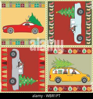 Beautiful patchwork Christmas design with reindeer, trucks, cars and Christmas trees in red, green, gold. Seamless vector pattern. Great for giftwrap Stock Vector