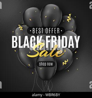 Sale banner for Black Friday. Flying confetti and serpentine. Black balloons. Lettering. Dark background and halftone effect. Seasonal shopping. Vecto Stock Vector