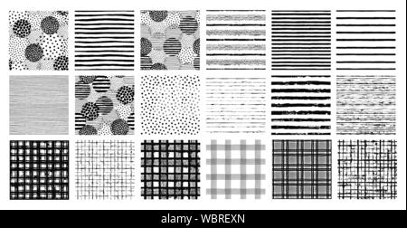 Painted patterns. Seamless brush backgrounds of dots and stripes Stock Vector