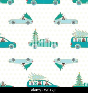 Winter landscape with cartoon reindeer, cars and Christmas trees. Seamless vector pattern in teal,gold and white on snowflake background. Great for Stock Vector