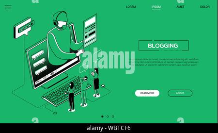Blogging - line design style isometric web banner Stock Vector