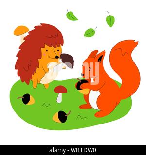 Hedgehog and squirrel - flat design style illustration Stock Vector