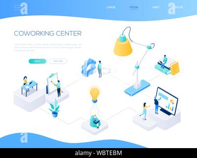 Coworking center - colorful isometric vector web banner Stock Vector