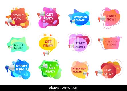 Set vectors of advertisement fluid banners with megaphone. Stock Vector