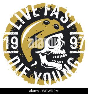 Skull in skateboard helmet and slogan typography. T-shirt print design on the topic of skateboarding . Vector illustration with grunge texture Stock Vector