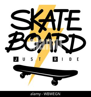 Skateboard handmade lettering for t shirt design. T-shirt print on the topic of skateboarding. Vector illustration with sport typography, lightning an Stock Vector