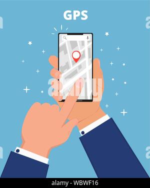 GPS navigation flat vector. Hand is holding smartphone with app, searching location in the city. Stock Vector