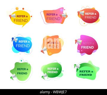 Megaphone with refer a friend word. Set of fluid colorful tags vector Stock Vector