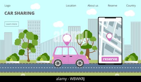 Car sharing landing page and online rent service advertising web page. Stock Vector