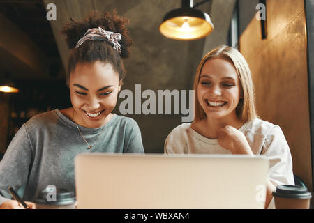 Portrait of two multiracial young female friends surfing the internet together on a laptop as they sit in a cafeteria enjoying a cup of coffee. Horizontal shot. Front view Stock Photo
