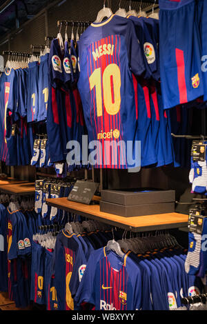 Popular Messi jerseys dominate the Camp Nou store, Barcelona, Spain. Stock Photo