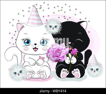 lovely cute white and black kittens little kittesn Happy birthday greeting card Stock Vector