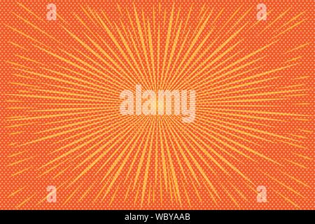 Pop art orange background with radial rays.  Background with halftones for comics. Textured background with radial halftone lines for posters, comics Stock Vector
