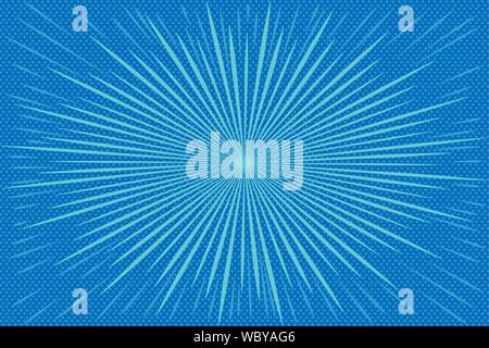 Pop art light blue background with radial rays.  Background with halftones for comics. Textured background with radial halftone lines for posters, com Stock Vector