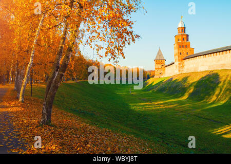 Veliky Novgorod, Russia. Kokui and Prince towers of Veliky Novgorod Kremlin at autumn sunny day. Focus at the Kremlin towers. Autumn city landscape Stock Photo