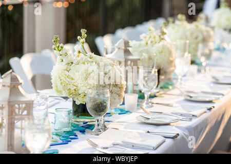 Table set up for outdoor wedding reception Stock Photo