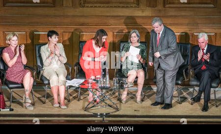 London, UK. 27th Aug, 2019. Left to right: Anna Soubry (Independent Group - Change UK), Caroline Lucas (Green Party), Jo Swinson (Lib Dem), Liz Saville Roberts (Paid Cymru), Ian Blackford (SNP), John McDonnell (Labour). Cross-party MPs and opposition party leaders assemble in the historic location of Church House in London to sign their 'Church House Declaration', with the intend to stop Parliament from being shut down by the government. Up to around 160 MPs are thought to have signed the declaration in total. Credit: Imageplotter/Alamy Live News Stock Photo