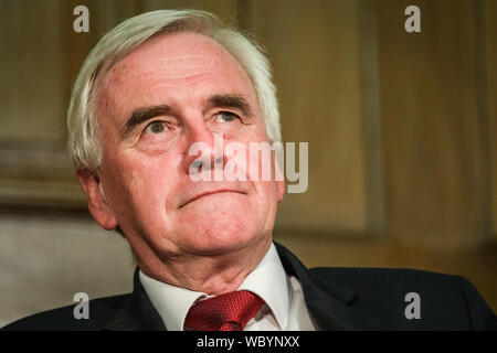 London, UK. 27th Aug, 2019. John McDonnell, Labour, Shadow Chancellor of the Exchequer. Cross-party MPs and opposition party leaders assemble in the historic location of Church House in London to sign their 'Church House Declaration', with the intend to stop Parliament from being shut down by the government. Attendees include Lib Dem leader Jo Swinson, Labour Shadow Cabinet members John McDonnell and Sir Kier Starmer, the Green Party's Caroline Lucas, SNP's Ian Blackford and many others. Up to around 160 MPs are thought to have signed the declaration in total. Credit: Imageplotter/Alamy Live N Stock Photo