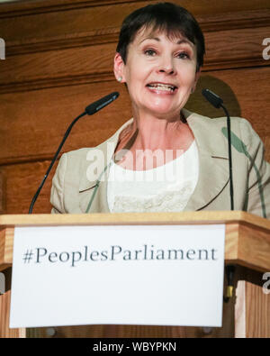 London, UK. 27th Aug, 2019. Caroline Lucas, The Green Party, speaks. Cross-party MPs and opposition party leaders assemble in the historic location of Church House in London to sign their 'Church House Declaration', with the intend to stop Parliament from being shut down by the government. Attendees include Lib Dem leader Jo Swinson, Labour Shadow Cabinet members John McDonnell and Sir Kier Starmer, the Green Party's Caroline Lucas, SNP's Ian Blackford and many others. Up to around 160 MPs are thought to have signed the declaration in total. Credit: Imageplotter/Alamy Live News Stock Photo
