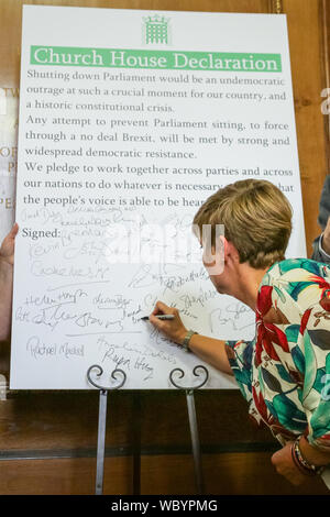 London, UK. 27th Aug, 2019. Hannah Bardell, MP, SNP signs the declaration. Cross-party MPs and opposition party leaders assemble in the historic location of Church House in London to sign their 'Church House Declaration', with the intend to stop Parliament from being shut down by the government. Up to around 160 MPs are thought to have signed the declaration in total. Credit: Imageplotter/Alamy Live News Stock Photo