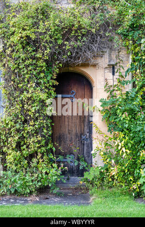 Cotswold stone cottage door surrounded by a climbing plant in the village of Overbury, Cotswolds, Worcestershire, England Stock Photo