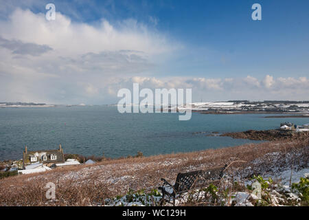 View north-west from the Garrison, St. Mary's, Isles of Scilly, UK, across the Road to Tresco and St. Martin's, after a rare fall of snow Stock Photo