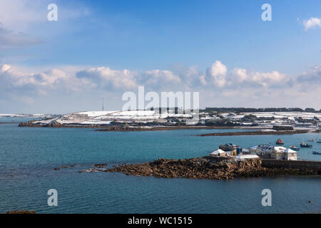 St. Mary's Pool from the Garrison, St. Mary's, Isles of Scilly, UK, after a rare fall of snow Stock Photo