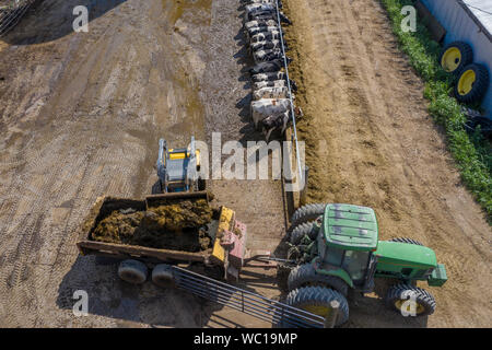 Three Oaks, Michigan - A farmer on a small, third generation dairy farm loads manure on a wagon to spread as fertilizer on a farm field. Small dairy f Stock Photo