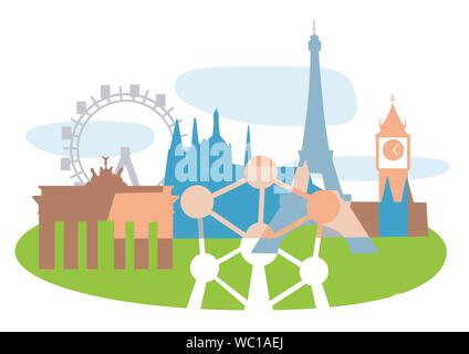 European historical monuments. Collage of silhouettes of  famous European buildings. Vector available. Stock Vector
