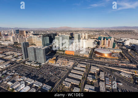 Aerial view of Interstate 15, Aria, New York, New York and other casino resort towers on March 13, 2017 in Las Vegas, Nevada, USA. Stock Photo