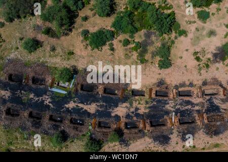 Aerial view of chimney or chacuaco of the sugar mill in El Gavilan Sonora. It is located around the country walk and ranch called El Gavilan, it is part of the Sonora River basin as it passes through the municipality of Hermosillo, Sonora Mexico. Sonora Desert. Sugar. old construction. Architect brick, landscape, rural, travel, (© Photo: LuisGutierrez / NortePhoto.com) Vista aerea de chimenea o chacuaco del ingenio azucarero en El Gavilan Sonora. Se encuentra en los alrededores del paseo campestre y rancho llamado el Gavilan, forma parte de la cuenca del Rio Sonora a su paso por el municipio d Stock Photo