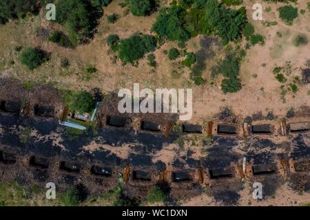 Aerial view of chimney or chacuaco of the sugar mill in El Gavilan Sonora. It is located around the country walk and ranch called El Gavilan, it is part of the Sonora River basin as it passes through the municipality of Hermosillo, Sonora Mexico. Sonora Desert. Sugar. old construction. Architect brick, landscape, rural, travel, (© Photo: LuisGutierrez / NortePhoto.com) Vista aerea de chimenea o chacuaco del ingenio azucarero en El Gavilan Sonora. Se encuentra en los alrededores del paseo campestre y rancho llamado el Gavilan, forma parte de la cuenca del Rio Sonora a su paso por el municipio d Stock Photo